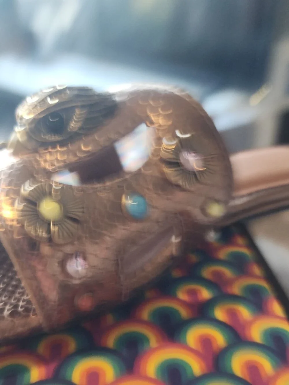 Kurt Geiger Metallic Bronze Slide with Floral Studs and Owl Accent
